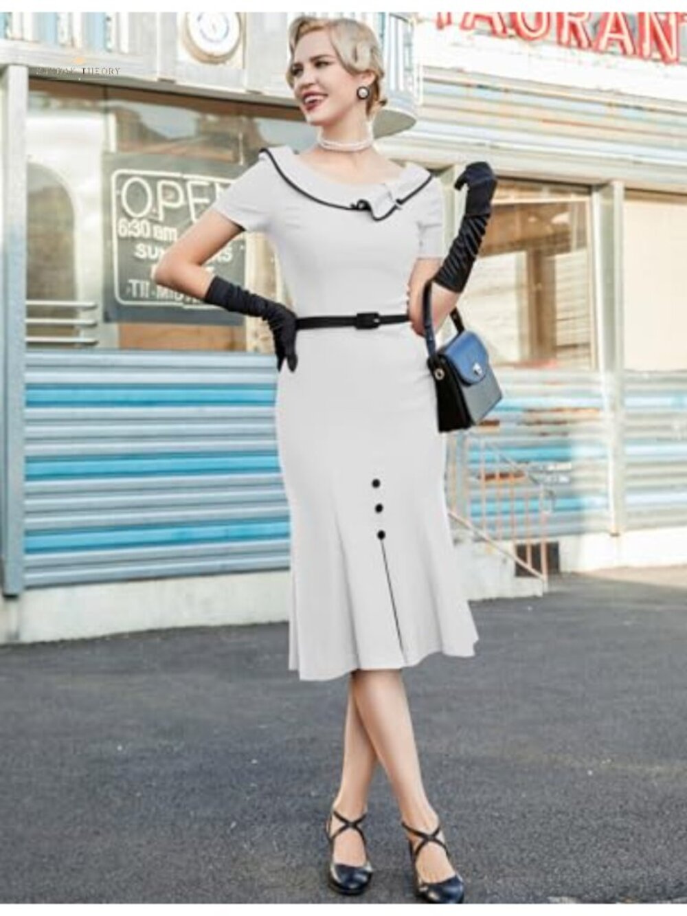 MUXXN Retro Sailor Collar Short Sleeve Mermaid Dress with Belt